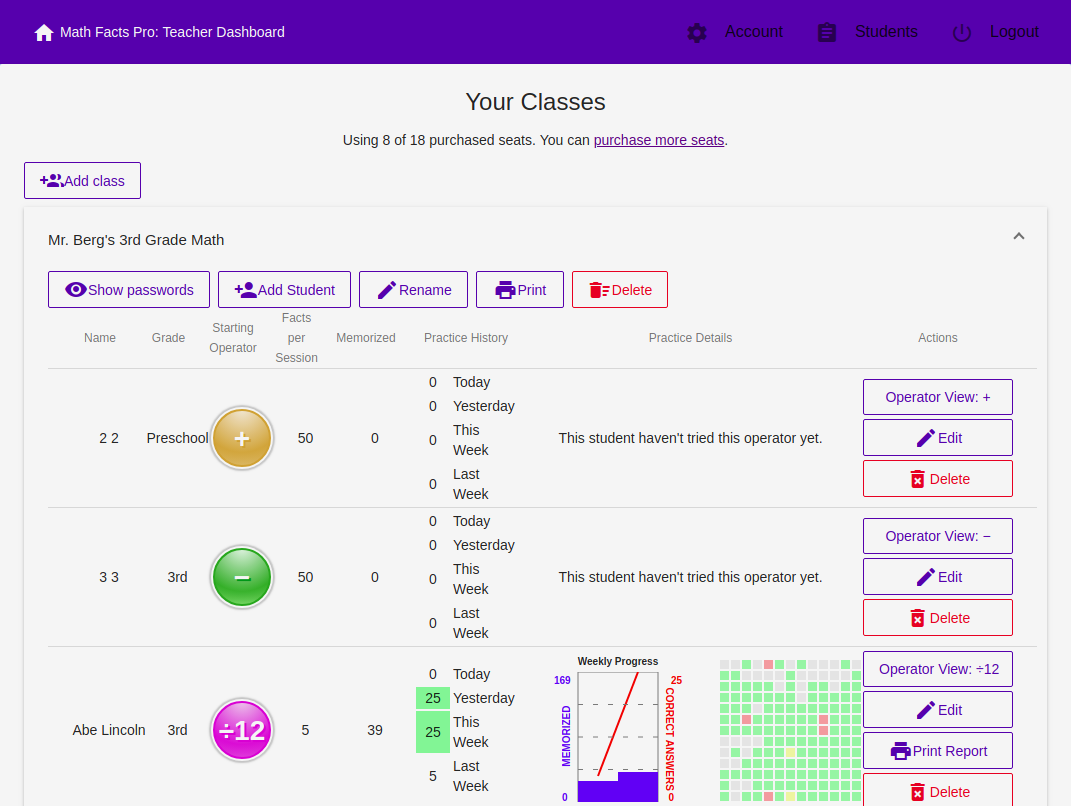 Teacher dashboard with class fluency overview